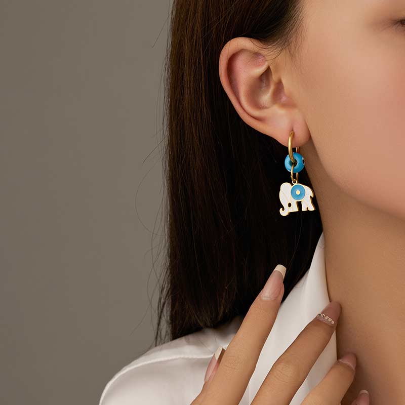 Customized Cross-Eye Elephant Shape Blue Earrings E1281-GO