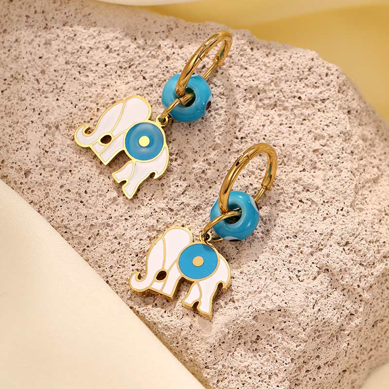 Customized Cross-Eye Elephant Shape Blue Earrings E1281-GO