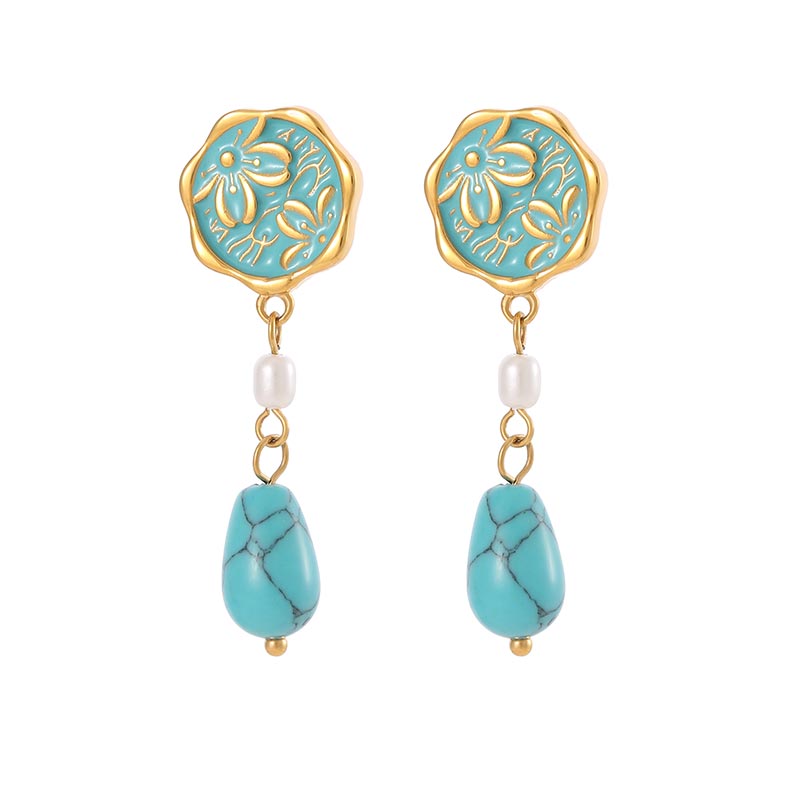 Customized Natural Ore Turquoise Vintage Pearl Earrings E1480-GO