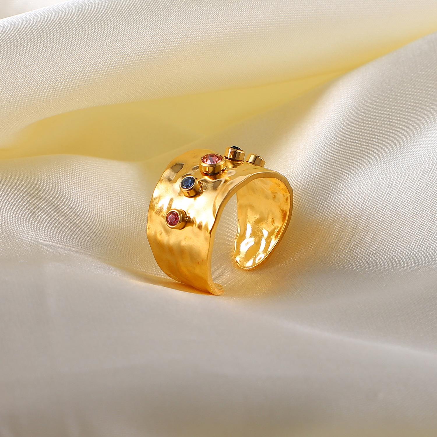 18K Gold Plated Adjustable Wide Band Ring with Zircon For Women