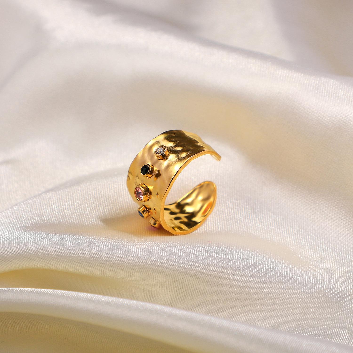 18K Gold Plated Adjustable Wide Band Ring with Zircon For Women