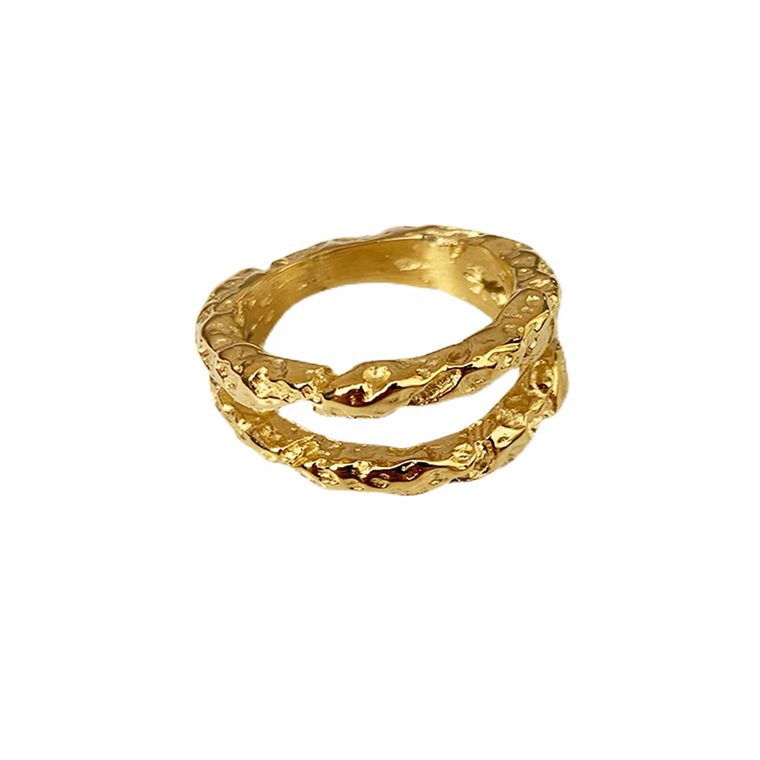 Wholesale Stainless Steel PVD 18K Gold Plated Double Layer Wave Solid Ring For Women