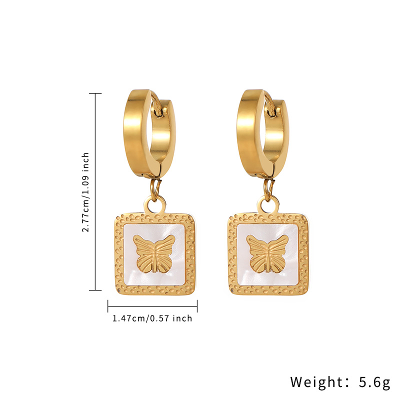 Butterfly shape shell inlaid square pendant stainless steel retro design earrings