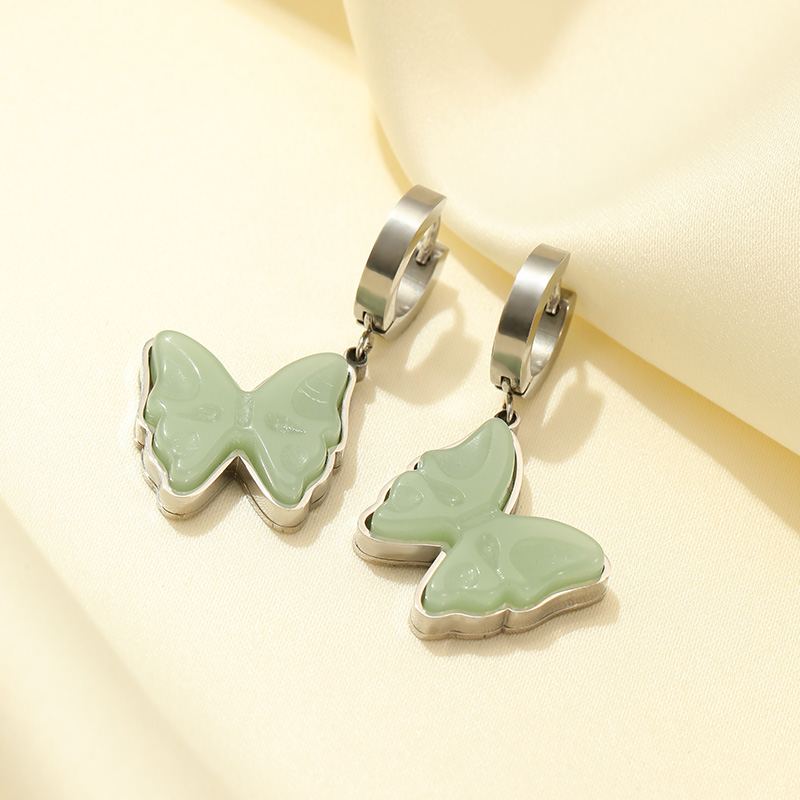 Stainless steel retro temperament green stone butterfly earrings metal hoop wholesaling earrings