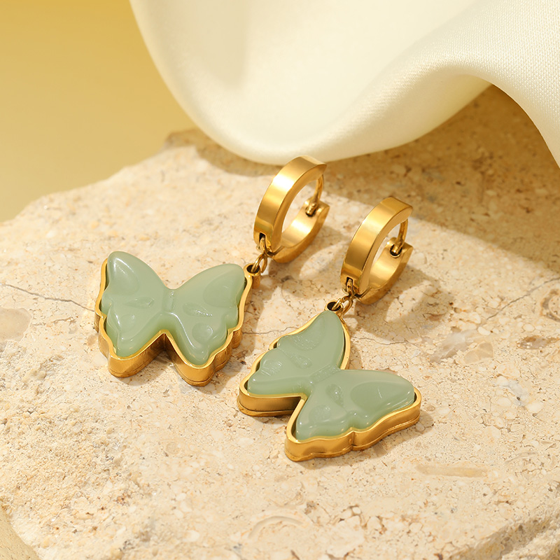 Stainless steel retro temperament green stone butterfly earrings metal hoop wholesaling earrings