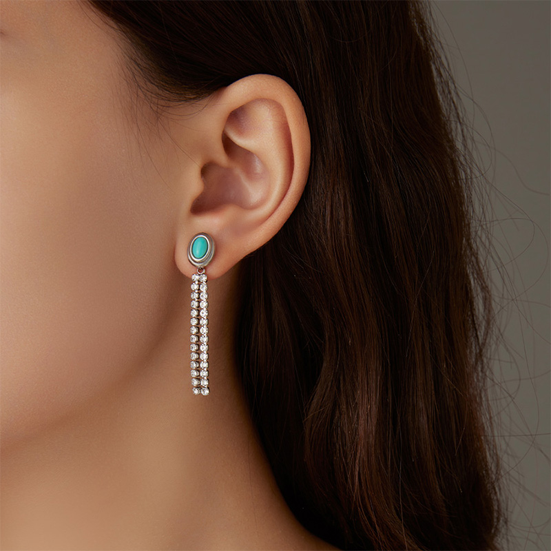 Natural Stone Turquoise Boho Stone Zircon Tassel Earrings Pendant Stud Earings