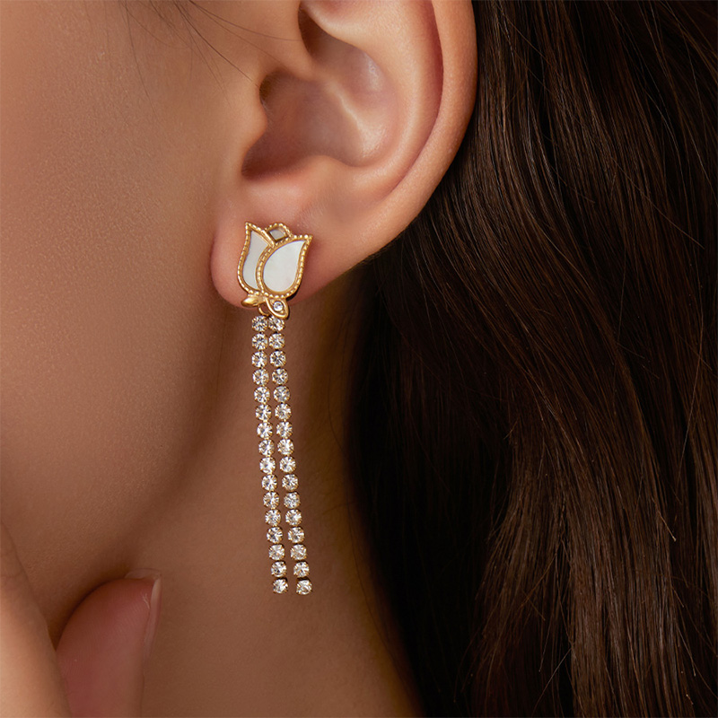 2023 New flower zircon long tassel style 18k gold-plated stainless steel earring for women