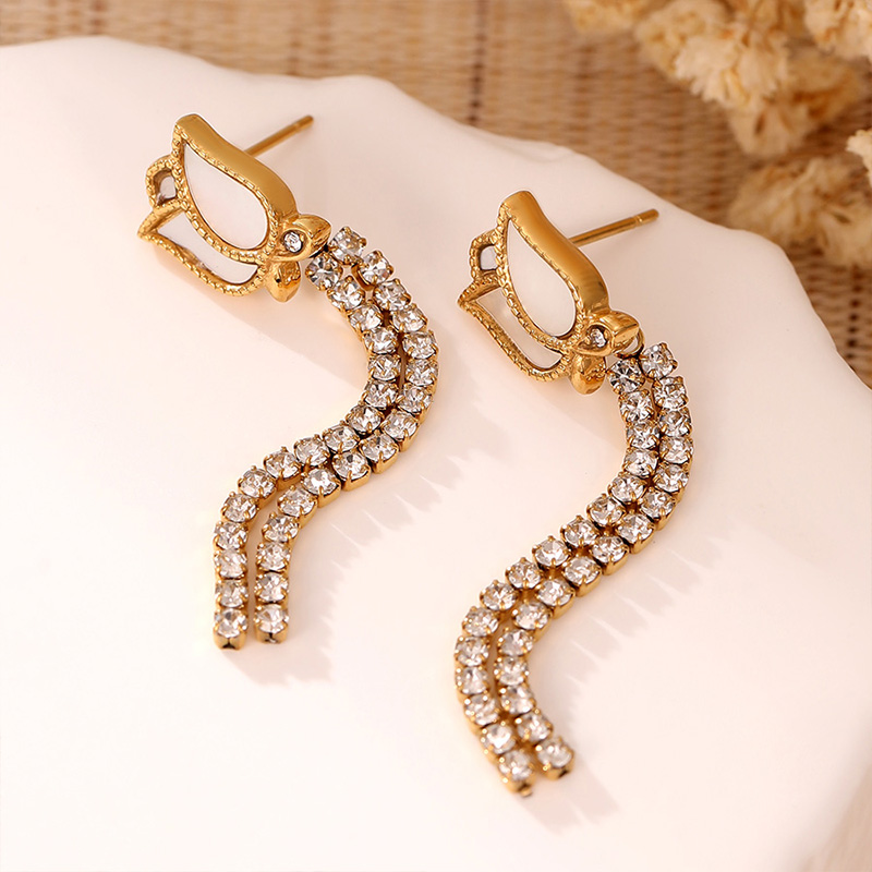 2023 New flower zircon long tassel style 18k gold-plated stainless steel earring for women