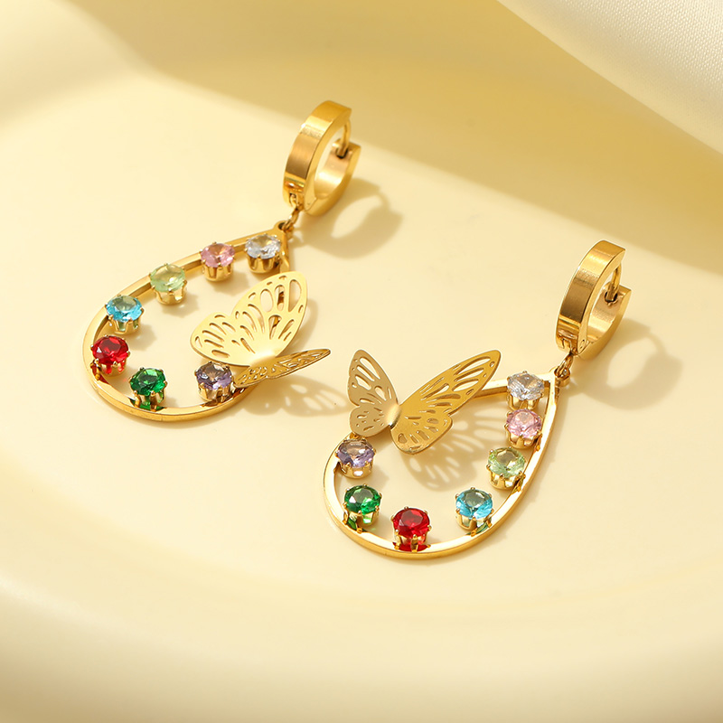 Fashionable Stainless Steel Metal  Hollow Three-dimensional Butterfly Colorful Zircon Jewelry Earrings