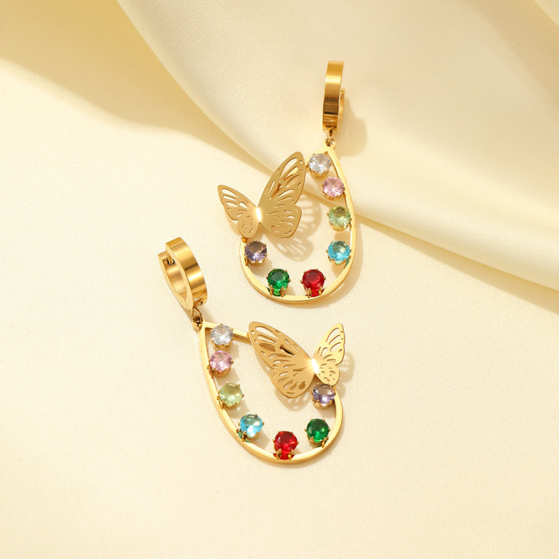 Fashionable Stainless Steel Metal  Hollow Three-dimensional Butterfly Colorful Zircon Jewelry Earrings