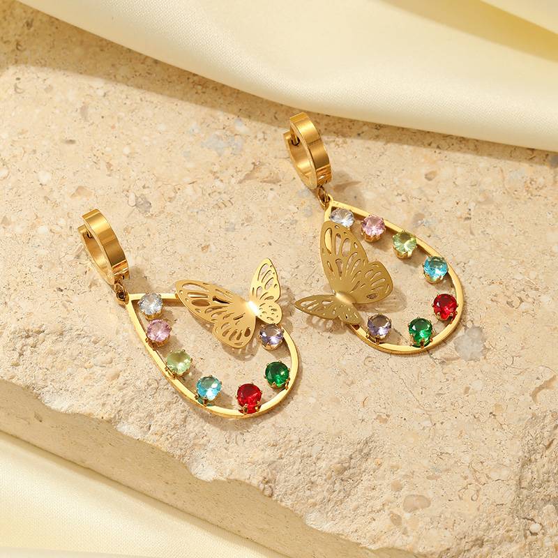 Fashionable Stainless Steel Metal  Hollow Three-dimensional Butterfly Colorful Zircon Jewelry Earrings