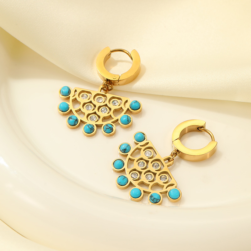 New stainless steel turquoise round zircon earrings ancient hollow fan design hoop earrings