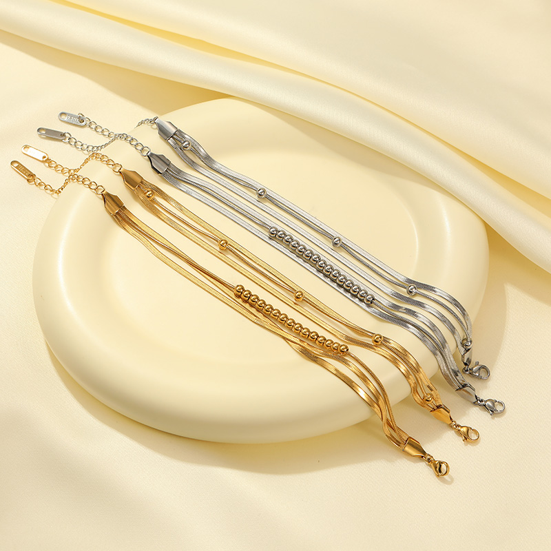 Multi-layer Beads Flat Snake Bone Chain Stainless Steel Plating Gold Bracelet