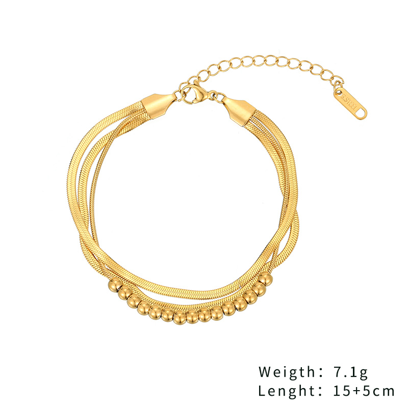 Multi-layer Beads Flat Snake Bone Chain Stainless Steel Plating Gold Bracelet