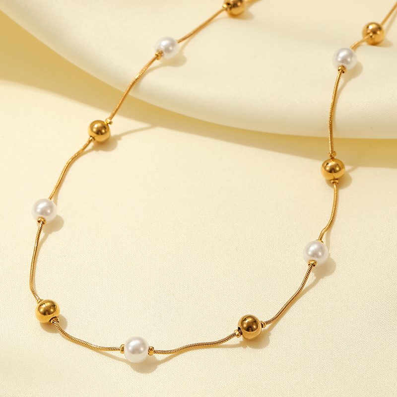 Fashion Jewellery Wholesale Round Snake Beaded Pearl Chain Gold Necklace