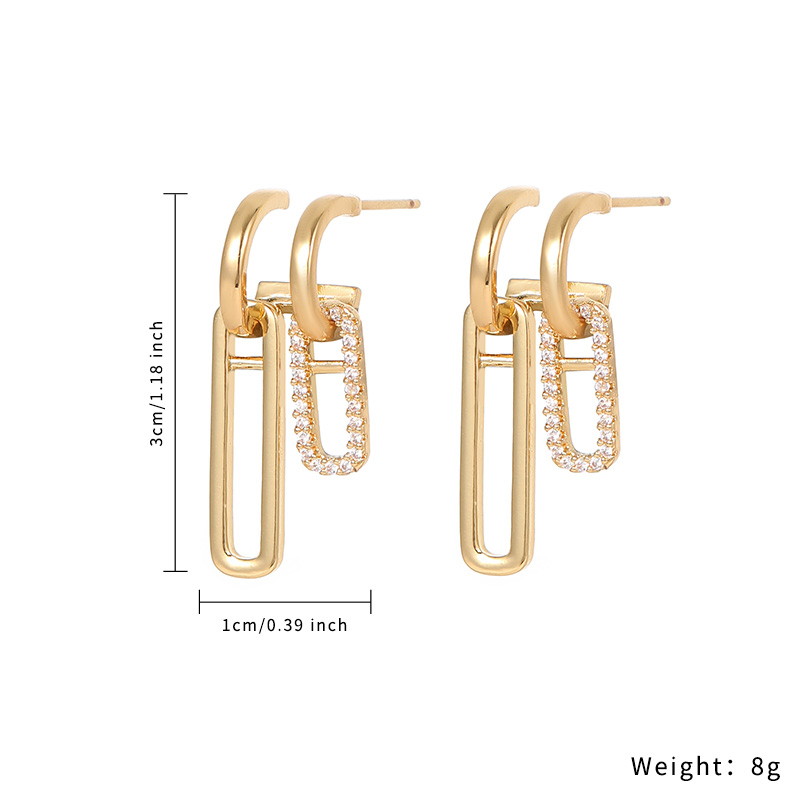 Factory Custom Copper Latest Design Dangle Paper Clip Shaped Zircon Shiny Stud Earrings