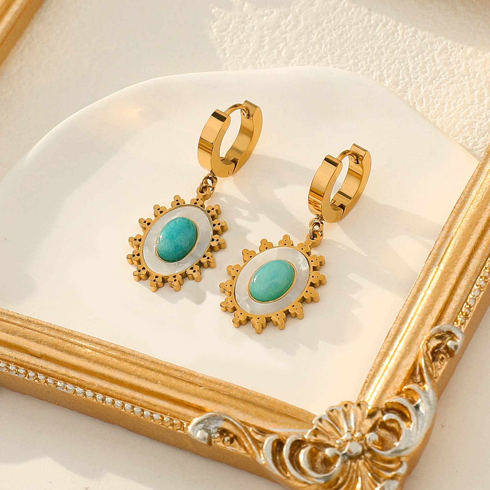 Vintage Style Stainless Steel Copper Turquoise Gold Plated Earrings