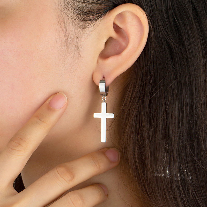 2023 Wholesale Stainless Steel Cross Pendant Hoop Earrings