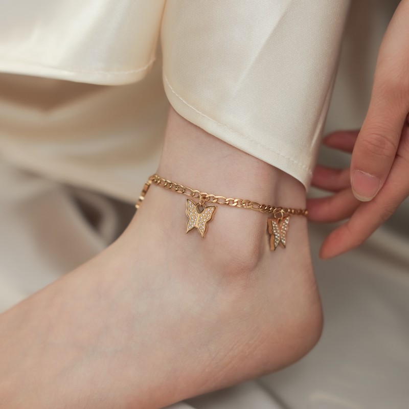 Stainless Steel Anklet Womens Anklet Butterfly with Cubic Zirconia Gold Foot Jewelry