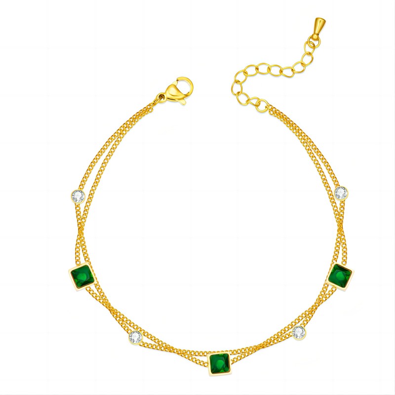 Stainless Steel Fashion Jewelry 2 Layer Zircon Green Crystal Charm Chain Anklet For Women