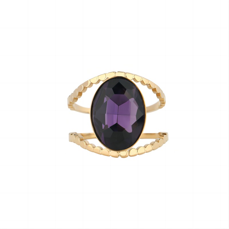 Women Natural Amethyst Stone Ring Stainless Steel Ring 18K Gold Plated Ring