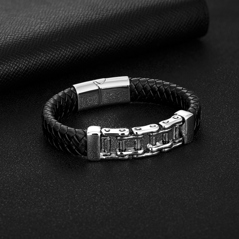 Stainless Steel Unique Punk Bicycle Chain Men Leather Bracelet Motorcycle bracelet