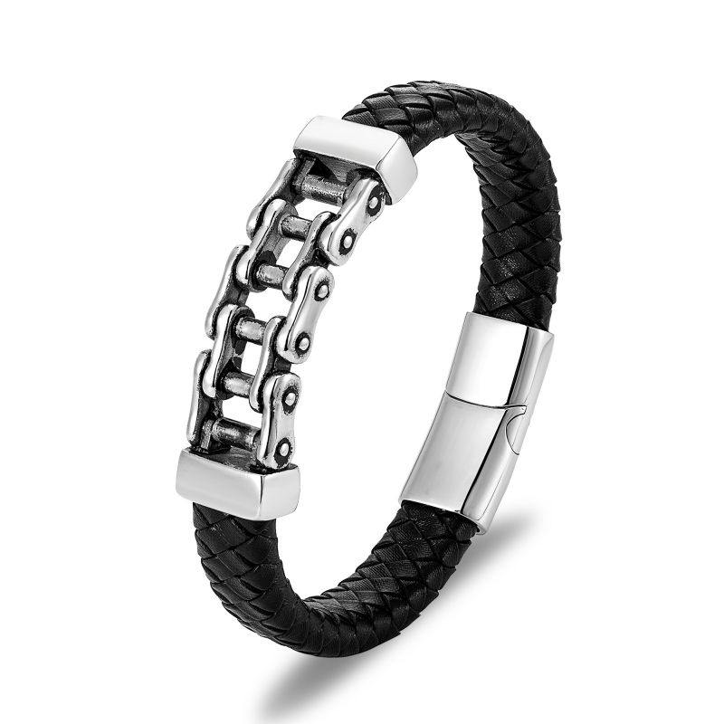 Stainless Steel Unique Punk Bicycle Chain Men Leather Bracelet Motorcycle bracelet