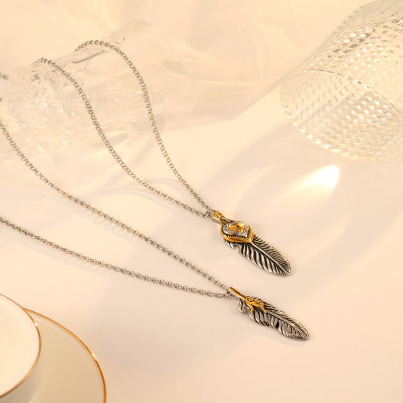 Stainless steel feather sweater chain wing pendant necklace