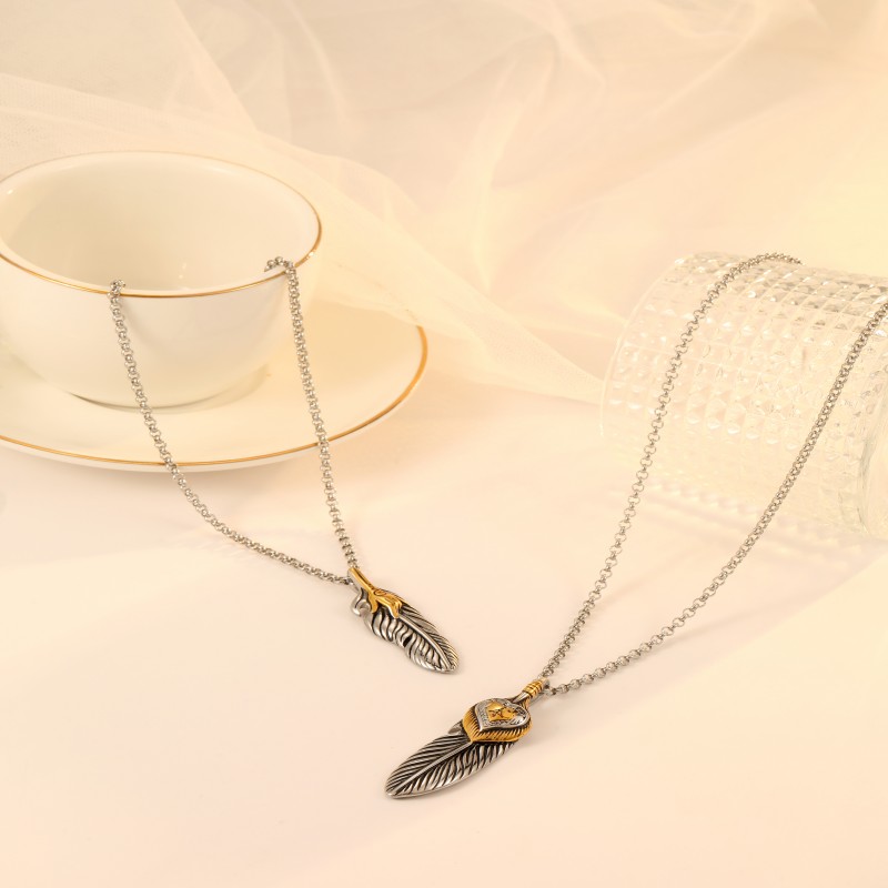 Stainless steel feather sweater chain wing pendant necklace