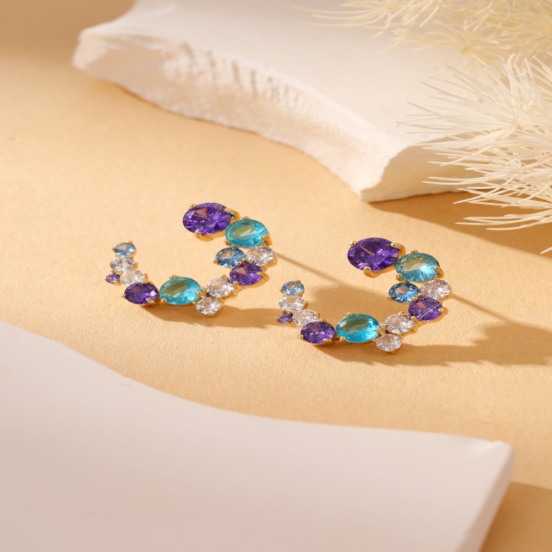 New listing purple blue white zircon C-shaped silver stud earrings