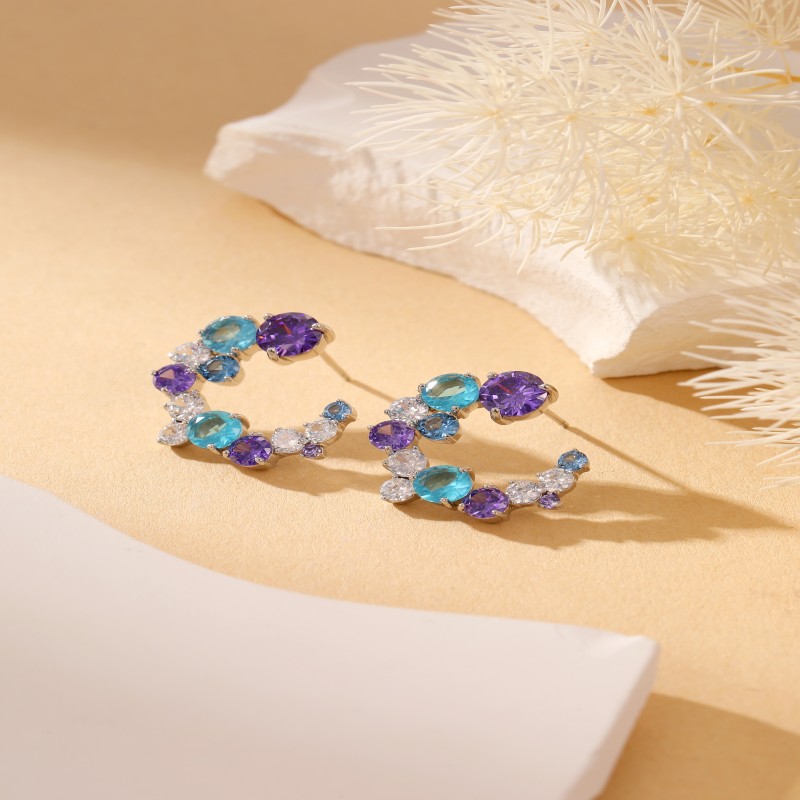 New listing purple blue white zircon C-shaped silver stud earrings