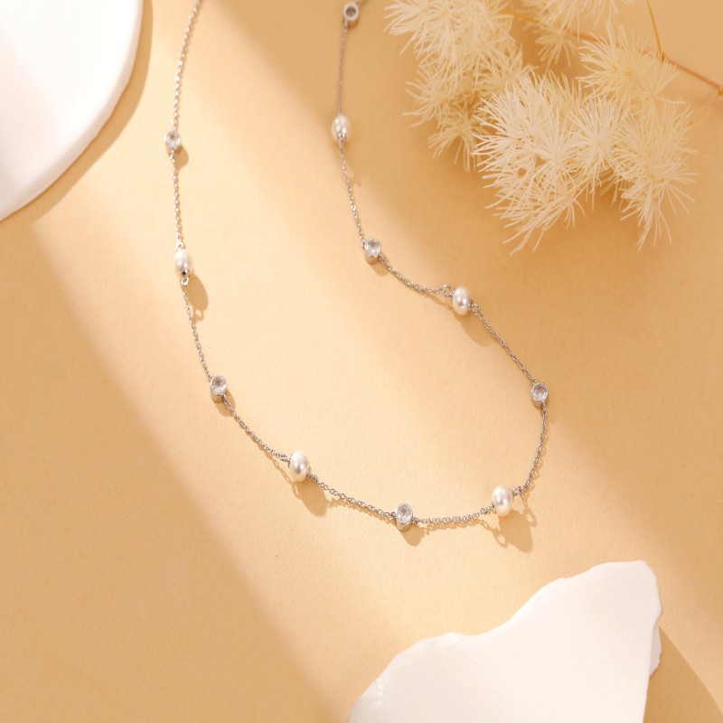 Newest elegant 925 silver zircon pearl chain necklace