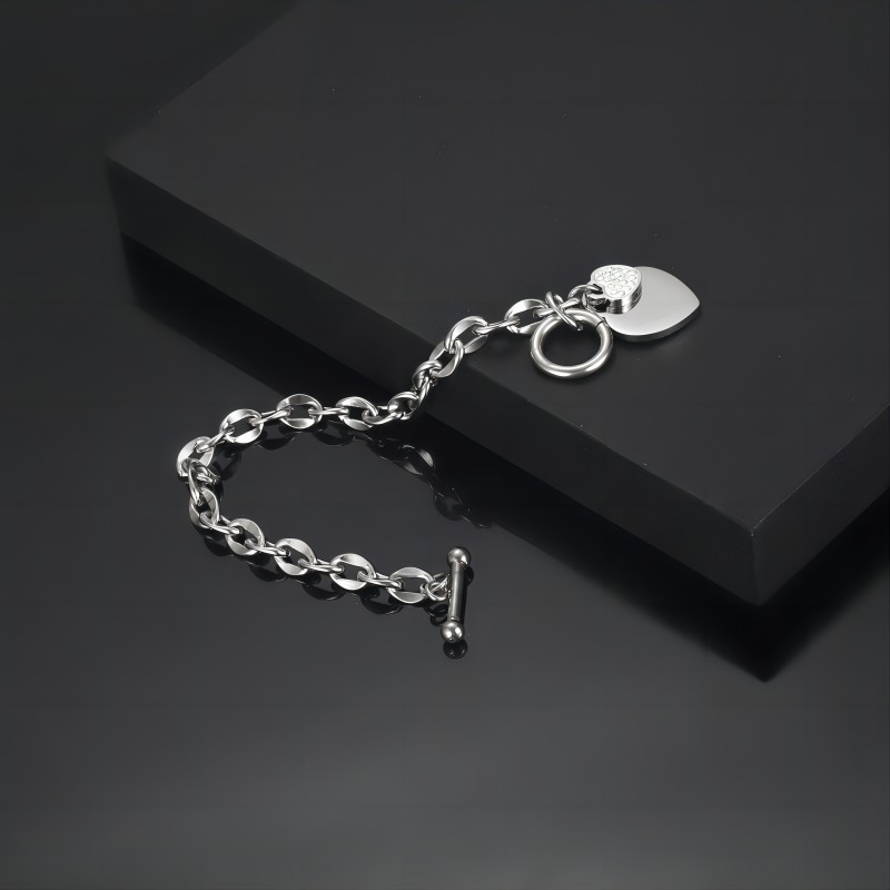 Stainless Steel Heart Shaped With Zircon Pendant OT Clasp Link Chain Bracelet For Girl And Women