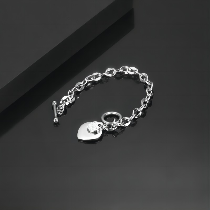 Stainless Steel Heart Shaped With Zircon Pendant OT Clasp Link Chain Bracelet For Girl And Women