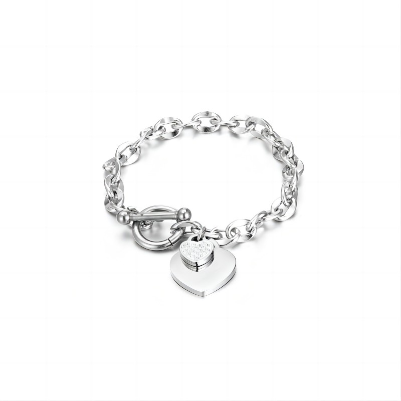 Stainless Steel Heart Shaped With Zircon Pendant OT Clasp Link Chain Bracelet For Girl And Women