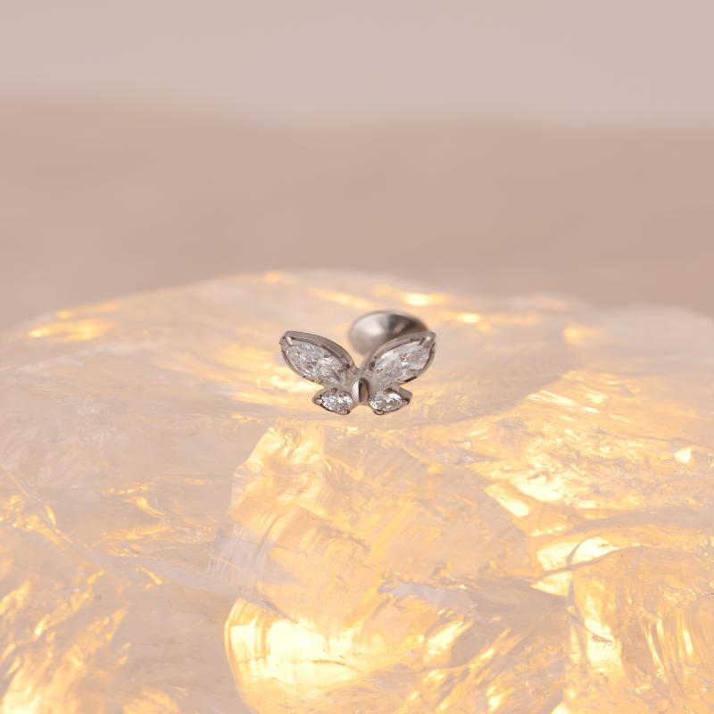 Waterproof titanium butterfly leaf shaped zircon stud earrings