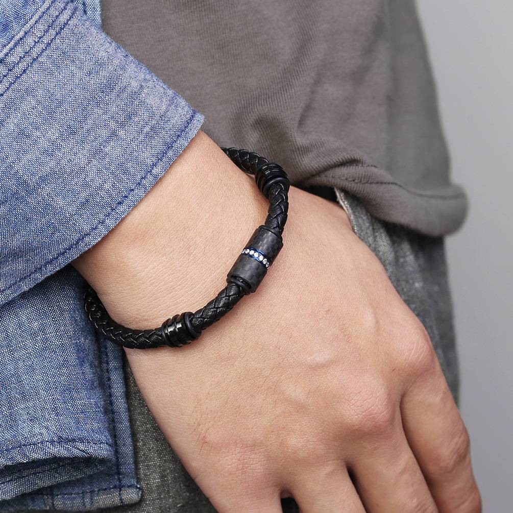 Men's carbon fiber cowhide zircon magnetic bracelet