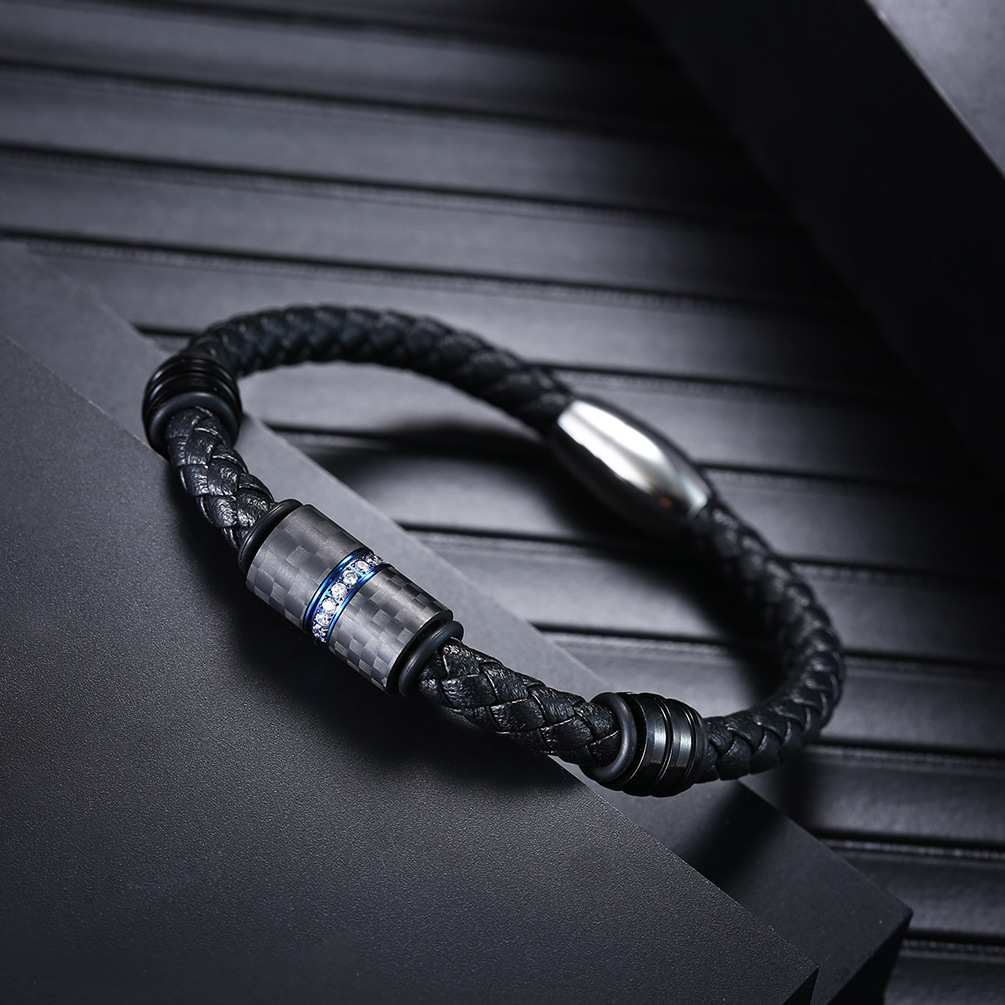 Men's carbon fiber cowhide zircon magnetic bracelet