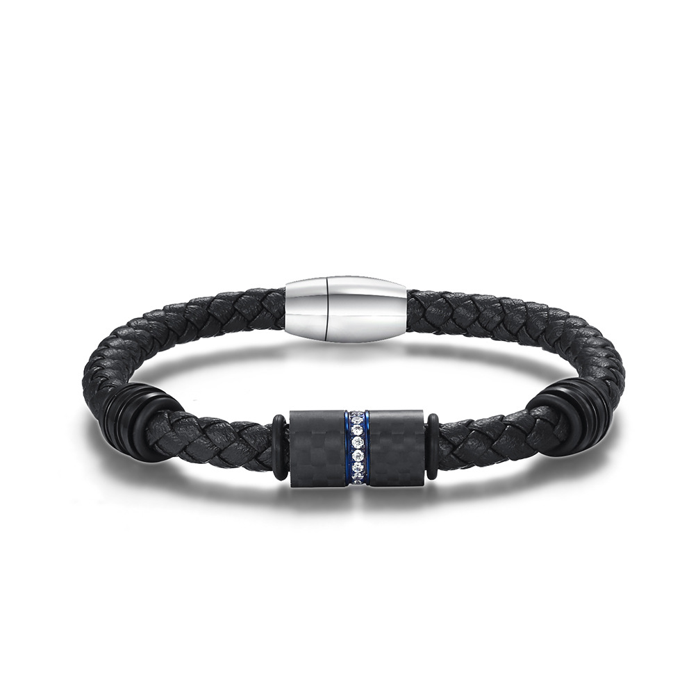 Men's carbon fiber cowhide zircon magnetic bracelet