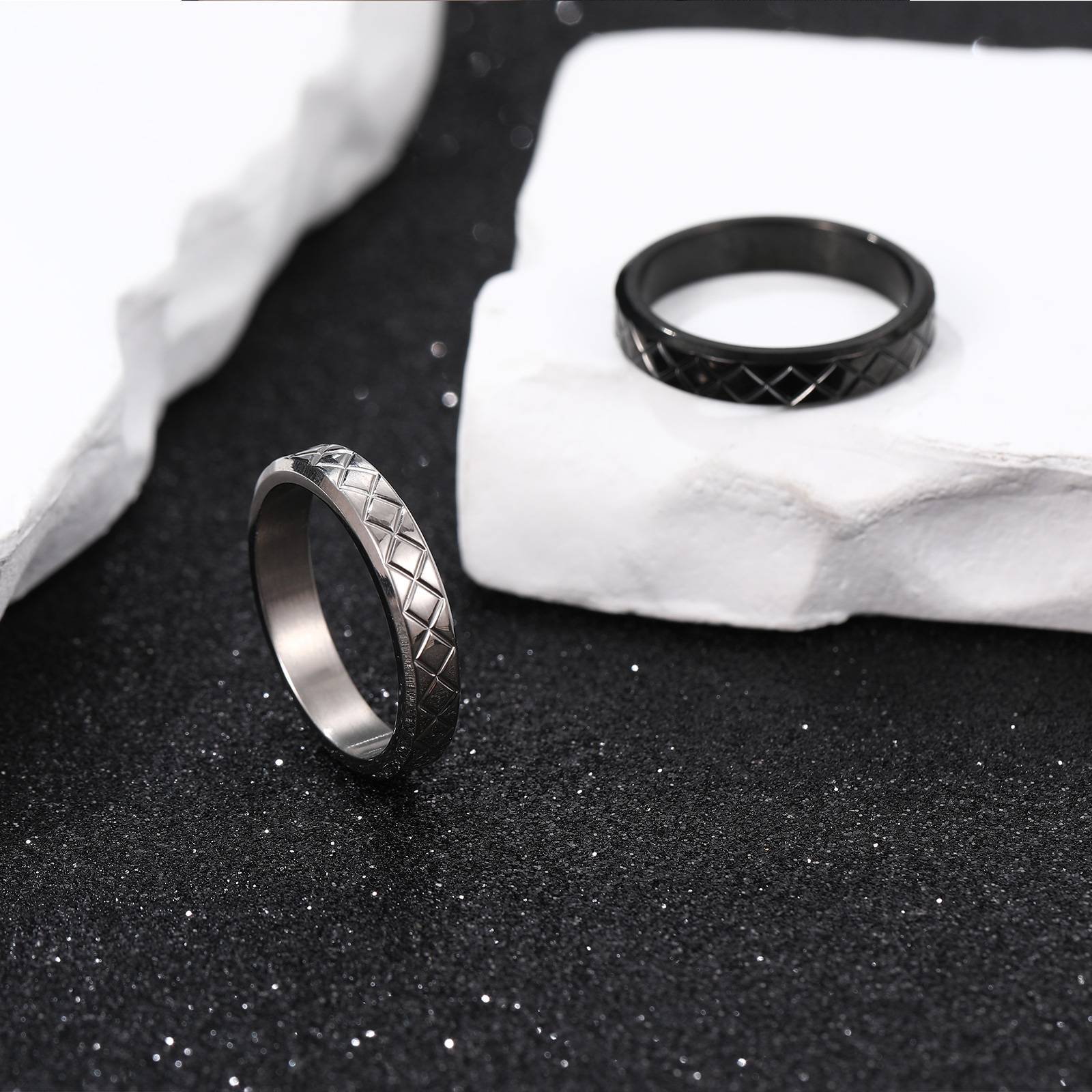Simple Design Rhombic Pattern Men's Rings Black Plated Matte Titanium Rings For Couple