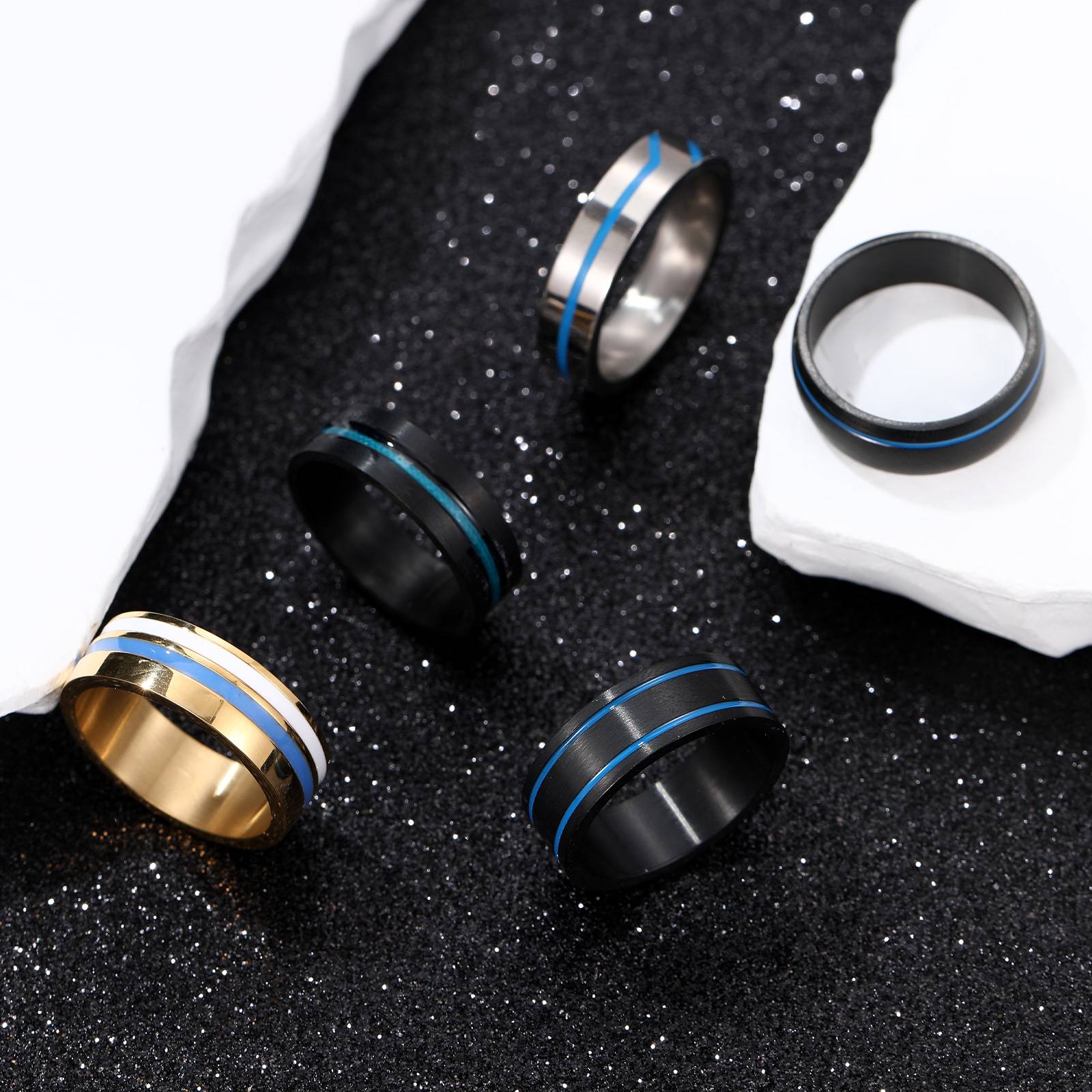 2024 Punk Style Titanium Jewelry For Men Blue Enameling&Colorful Plating Matte Men's Rings&Necklace