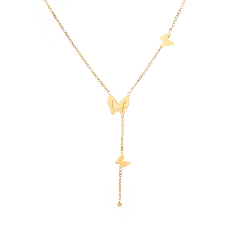 Waterproof good selling gold plated stainless steel  butterfly pendant tassel necklace