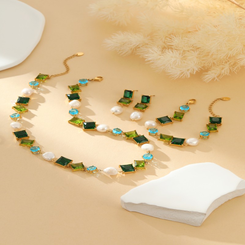 Summer luxury shiny green zircon pearl earrings bracelet necklace collection