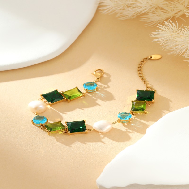 Summer luxury shiny green zircon pearl earrings bracelet necklace collection