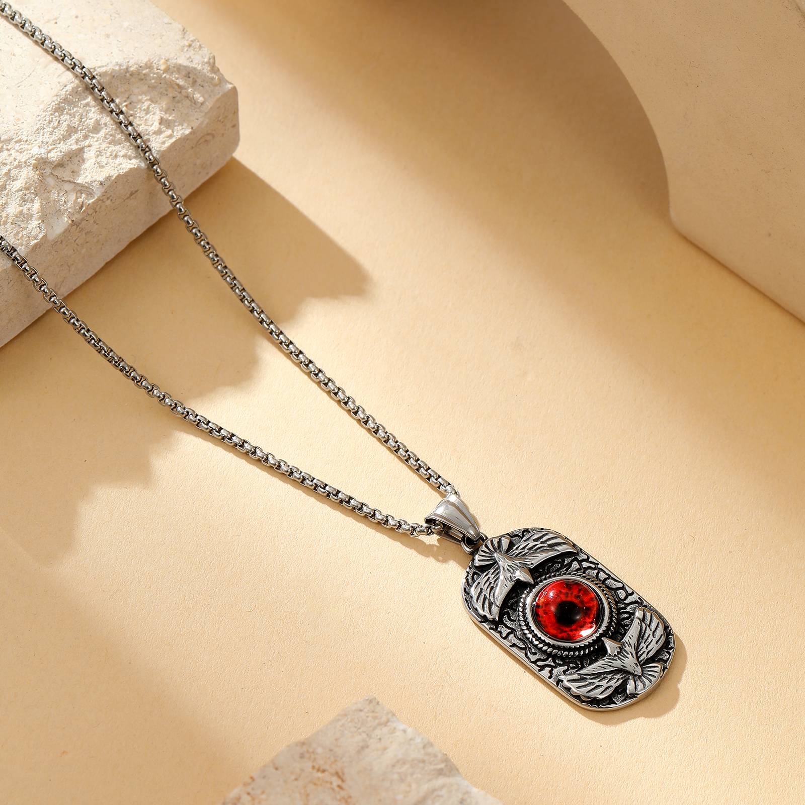 Men dog tag eagle red gem eye pendant necklace